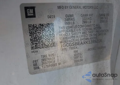 2019 Chevrolet Colorado Wt из США, поврежденный, VIN 1GCGSBEAXK1289214